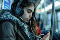 People traveling on the subway in winter time headphones headset women.