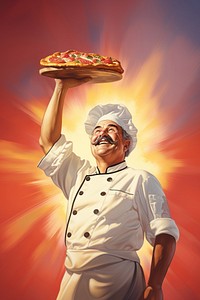 Chef holding pizza proudly standing adult food freshness.