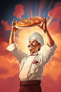 Chef holding pizza proudly standing portrait adult food.