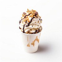 A 1 scoop vanila ice cream in white paper cup dessert sundae food.