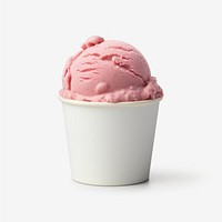 A 1 scoop strawberry ice cream in white paper cup dessert food white background.