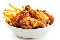 Fried chicken with french fried food meat white background.