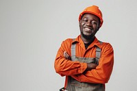Joyful male african american builder hardhat helmet white background.