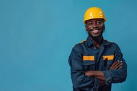 Joyful male african american builder hardhat helmet adult.