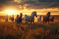 Herd of horses runs landscape grassland panoramic.