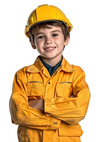 Boy in engineer outfit clothing apparel hardhat.