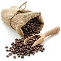 Jute sack with coffee beans white background ingredient container.