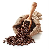 Jute sack with coffee beans white background ingredient container.