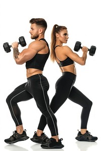 Man and woman in fitness outfit exercising dumbbell sports.