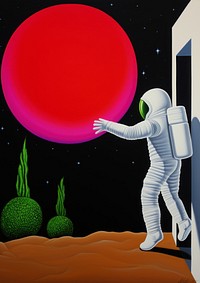 Illustration of a astronaut painting plant art.