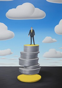 Businessman walking on stack of money coins clothing figurine outdoors.