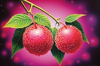Airbrush art of a lychee chandelier raspberry produce.