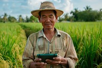 A modern Thai farmer in a green rice field using a digital tablet electronics outdoors person.