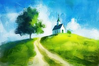 Impressionist church in the hill painting art architecture.