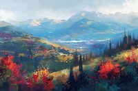Impressionist autumn mountain hill painting art landscape.