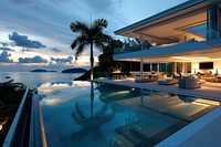 Beautiful modern luxury home pool architecture waterfront.