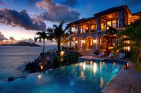 Beautiful modern luxury home pool architecture waterfront.