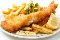 Delicious battered fish plate fries food.