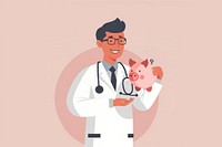 Flat illustration doctor holding piggy bank adult veterinarian stethoscope.