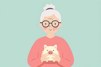 Flat illustration senior woman holding piggy bank cartoon mammal representation.