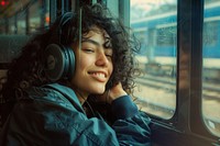Happy young Ansian woman with curly hair wearing headphones happy electronics photography.
