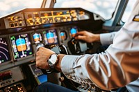 A pilot controlling in plane cockpit transportation electronics wristwatch.
