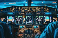 A pilot controlling in plane cockpit transportation electronics scoreboard.