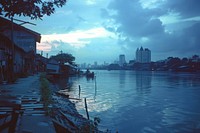 Riverside Chao Phraya River Thailand architecture neighborhood waterfront.