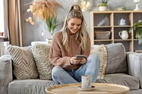 A woman sitting on sofa and playing smartphone in the living room furniture clothing knitwear.