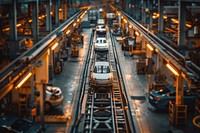 Factory with cars on conveyors transportation manufacturing architecture.