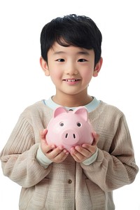 Korean boy holding piggy bank child white background investment.