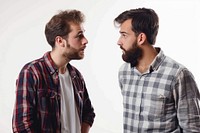 Man discussing with friend arguing adult white background.