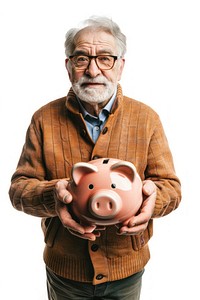 Senior man holding piggy bank adult photo white background.