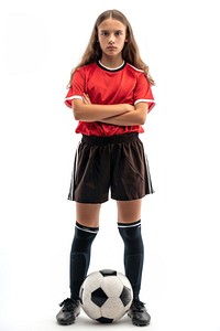 Portrait of young female soccer player with soccer ball standing football portrait shorts.