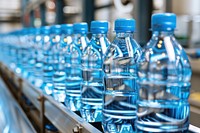 Row of mineral water bottles on conveyor belt manufacturing architecture beverage.