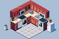 Kitchen interior cut pixel appliance indoors diagram.