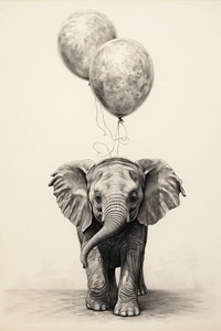 Baby elephant holding balloons drawing illustrated wildlife.