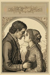 Romantic couple kissing drawing photography illustrated.