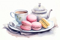 Set tea and Macarons on the plate macarons confectionery cookware.