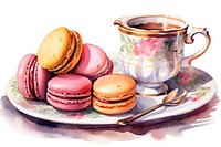 Set tea and Macarons on the plate macarons confectionery cutlery.