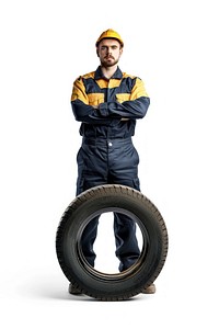 Automotive technician portrait helmet wheel.