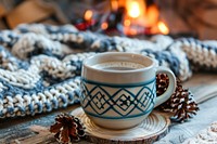 Fireplace coffee mug beverage.