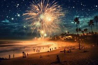 New Year fireworks beach shoreline.