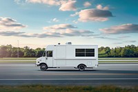 Blank white food truck mockup transportation vehicle person.