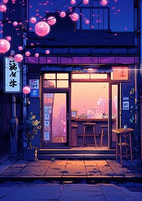 A minimal and less detail illustration of japan restaurant lighting city.