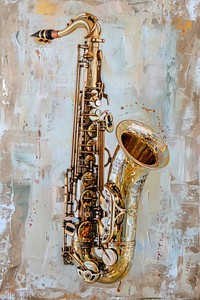 Close up on pale saxophone painting saxophonist chandelier.