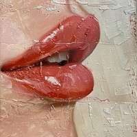 Close up on pale lipstick cosmetics person tongue.