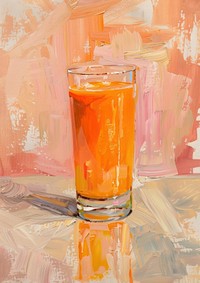 Close up on pale carrot smoothie painting glass drink.