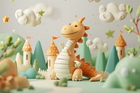 Cute dragon and castle background cartoon representation celebration.