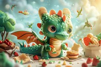 Cute dragon and food background cartoon representation confectionery.
